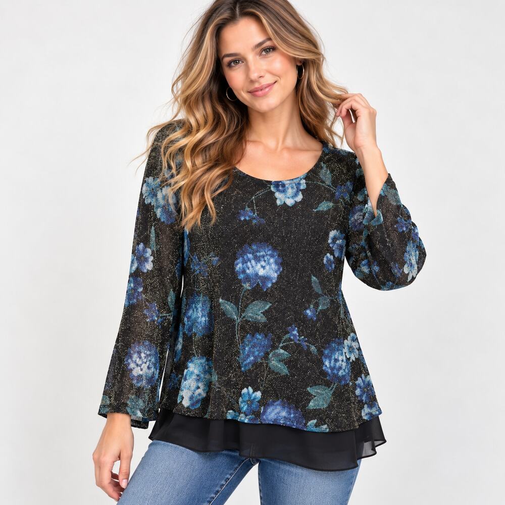 Susan Graver Liquid Knit Blouse Women's Size 1X Black Floral Gold Sparkle Office